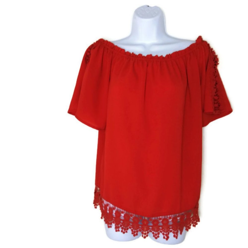 AUGUST SILK RED BLOUSE TOP WITH LACE BOTTOM